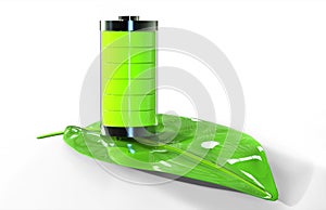 Green Core Battery on Leaf - Green Energy and Ecology Concept - 3D Illustration photo