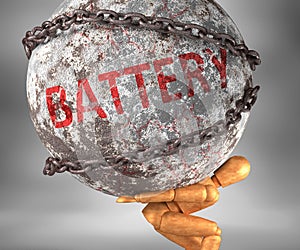 Battery and hardship in life - pictured by word Battery as a heavy weight on shoulders to symbolize Battery as a burden, 3d