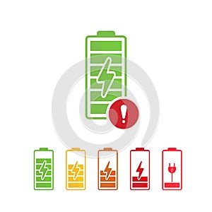 Battery icon with exclamation mark. Battery icon and alert, error, alarm, danger symbol