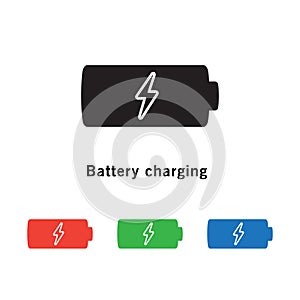 Battery icon with power charging symbol on white background.