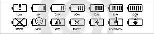 Battery icon set. Battery capacity icon. Battery percentage level signs. Battery remaining energy level icon. Battery Charging