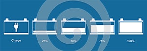 Battery icon set. Car battery indicator, Vector illustration. Discharged and fully charged battery electronic car. Set of battery