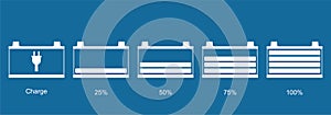 Battery icon set. Car battery indicator, Vector illustration. Discharged and fully charged battery electronic car. Set of battery