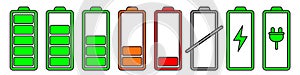 Battery icon set with charge level indicators vector isolated