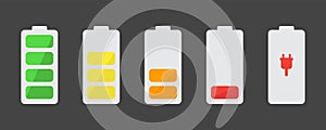 Battery icon set. Vector illustration. Discharged and fully charged battery smartphone. Set of battery charge level indicators