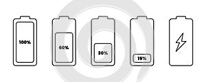 Battery icon set. Vector illustration. Discharged and fully charged battery smartphone. Set of battery charge level indicators