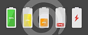 Battery icon set. Vector illustration. Discharged and fully charged battery smartphone. Set of battery charge level indicators