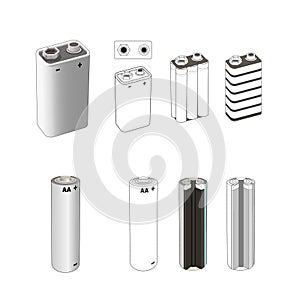 Battery inside scheme set. AA alkaline or lithium single cell battery scheme, 9 volt nickel. Isolated vector graphic illustration