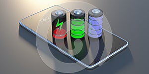 Battery loading steps on smartphone, black background, mobile phone app symbol. 3d illustration