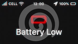 Battery Low appear on old display. Pixeled text animation with phone hud. Red battery icon.