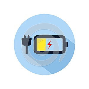 Battery low charging icon vector, Charging battery illustration, power battery sign isolated on blue circle