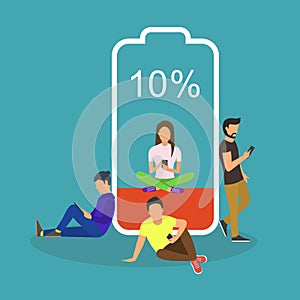 Battery low concept vector illustration of young people using smartphones and tablets with poor battery level.