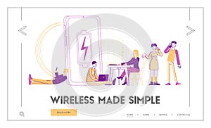 Battery Low Level Wireless Charging Landing Page Template. Characters Charge Devices, Mobile Phones and Gadgets