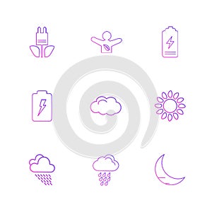 battery , moon , crecent , ecology , sun , cloud , rain , weather , eps icons set vector
