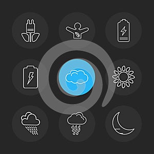 battery , moon , crecent , ecology , sun , cloud , rain , weather , eps icons set vector