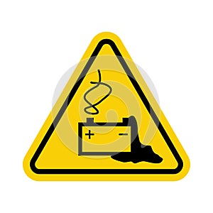 Battery pack sign. Battery short circuit pack warning sign. Yellow triangle sign with battery pack icon inside. Danger when