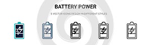 Battery power icon in filled, thin line, outline and stroke style. Vector illustration of two colored and black battery power