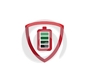 battery power protection inside shield vector icon or logo design illustration