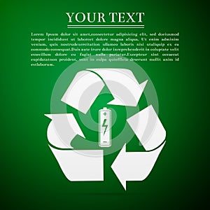 Battery with recycle symbol - renewable energy concept flat icon on green background