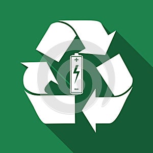 Battery with recycle symbol - renewable energy concept flat icon long shadow