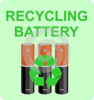 Battery recycling. Battery with recycle sign over green background.