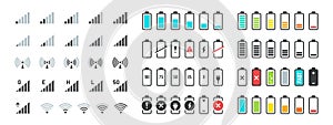 Battery and signal icons. Line and black phone charge status, gsm and wifi signal strength, smartphone UI symbols