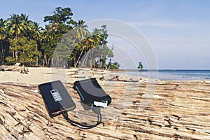 Battery solar energy device on a background