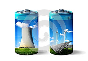 Battery with solar panels, wind turbines and nuclear power plant isolated on a white background.