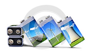 Battery with solar panels, wind turbines and nuclear power plant isolated on white background.