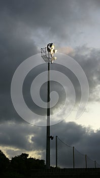 Battery of spotlights at a football stadium