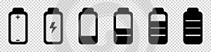 Battery Status Full, Half And Empty - Black Vector Icons Isolated On Transparent Background