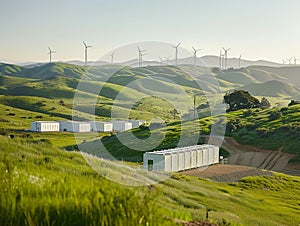 Battery storage units forefront, green hills and turbines behind, mid-morning light, clarity enhanced