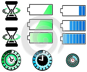 Battery and timing icons set