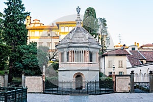 Battistero with Virtues statues at Piazza Padre Reginaldo Giuliani in Old Town Cathedral Baptistery, Citta Alta, Bergamo, Italy
