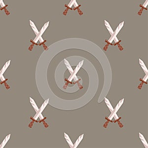 Battle axe and medieval sword. Seamless pattern. Weapon texture. Vikings ornament. Printable design. Wallpaper element