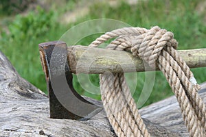 A battle axe stuck in a tree