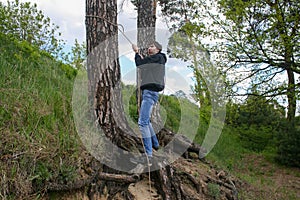 A battle axe stuck in a tree