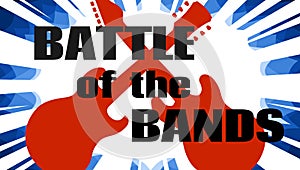 Battle of the bands music event promotional poster vector illustration of two red guitars clash over white and blue starbust photo