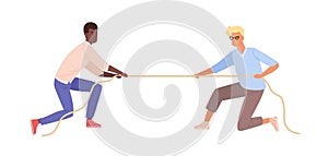 Battle between black skin man and european guy vector flat illustration. Two male fight for rights pulling opposite ends