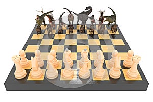 The battle of dinosaurs with chess on a chessboard