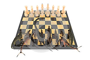 The battle of dinosaurs with chess on a chessboard