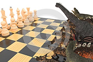 The battle of dinosaurs with chess on a chessboard