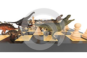 The battle of dinosaurs with chess on a chessboard