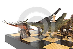 The battle of dinosaurs with chess on a chessboard