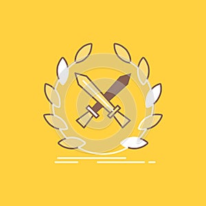 battle, emblem, game, label, swords Flat Line Filled Icon. Beautiful Logo button over yellow background for UI and UX, website or