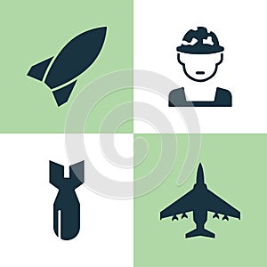 Battle Icons Set. Collection Of Military, Rocket, Aircraft And Other Elements. Also Includes Symbols Such As Oficer