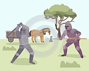 Battle of knights medieval warriors with armor, helmets, sword, halberd vector illustration.