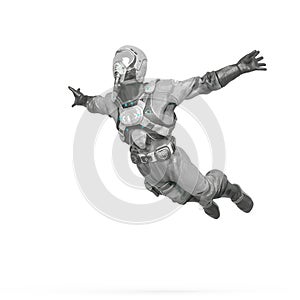 Battle pilot doing a free jump in white background