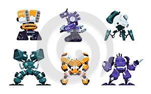 Battle robots. Cartoon war machines and futuristic soldier exoskeleton. Superhero armor and weapon innovation photo