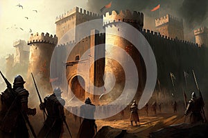 battle-scarred fortress, with guards and archers defending against invading army